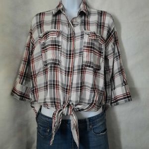 DEX Rayon Summer Weight Red White Black Plaid Tie Front Shirt Size Small